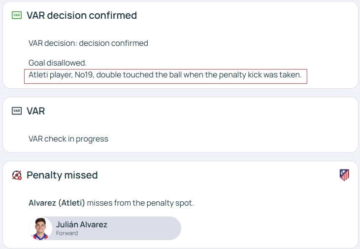 官方明確！歐冠官網(wǎng)：阿爾瓦雷斯罰點(diǎn)時2次觸球，VAR決定進(jìn)球無效